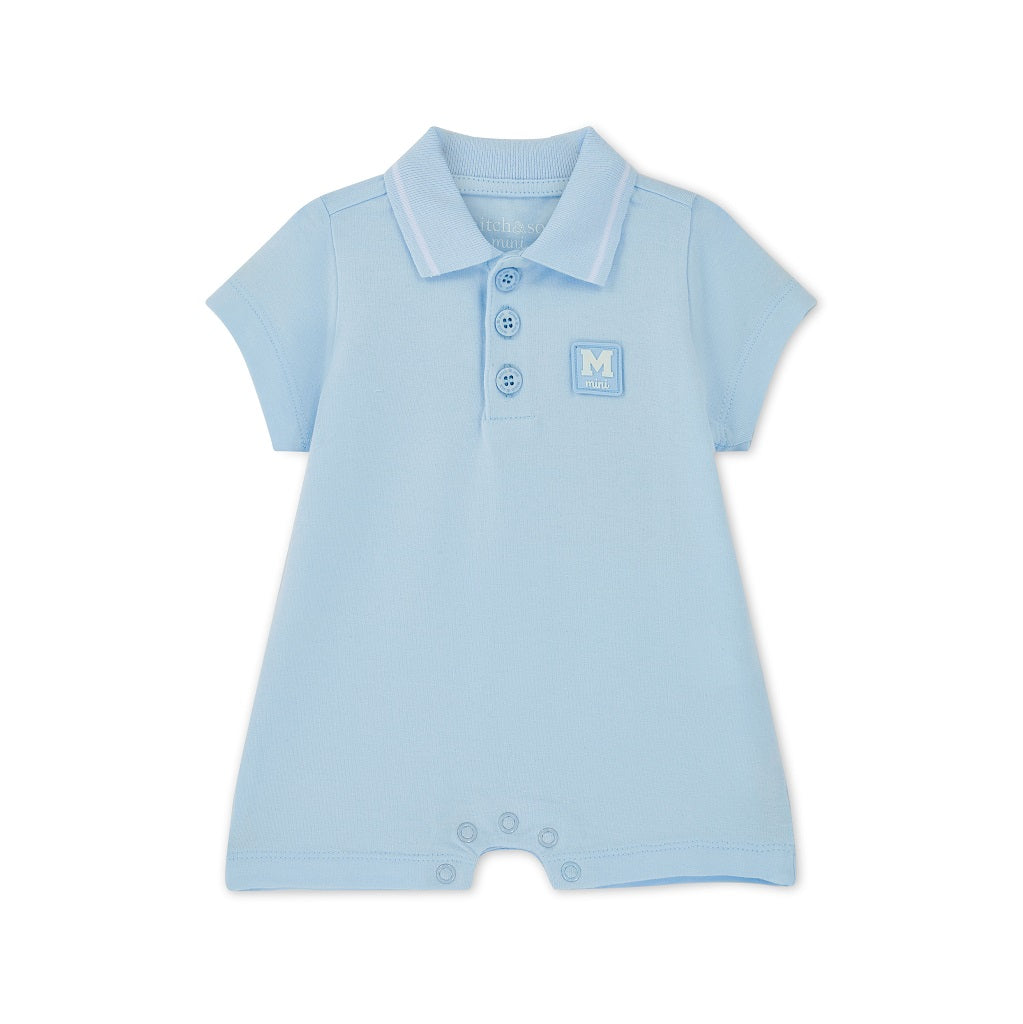MITCH & SON Mini The Nash polo romper features a classic polo style collar with a logo badge on the front. Sky Blue