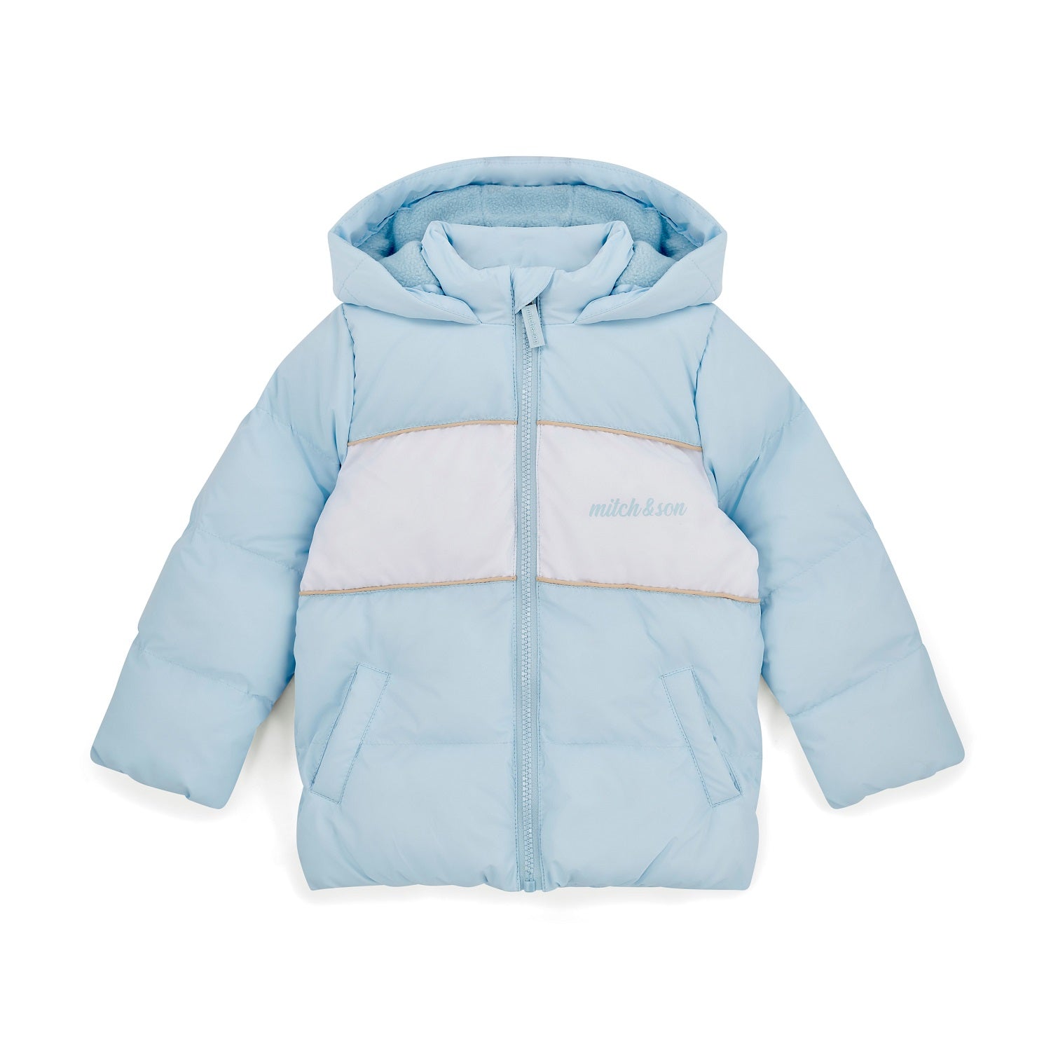 MITCH & SON Classic Collection. The Steven padded jacket with hood and two pockets at the front, with a white panel design across the front. Finished with a front zip fastening, branded puller, and signature logo print. Sky Blue