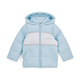 MITCH & SON Classic Collection. The Steven padded jacket with hood and two pockets at the front, with a white panel design across the front. Finished with a front zip fastening, branded puller, and signature logo print. Sky Blue