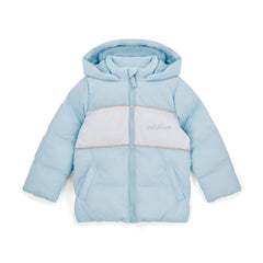 MITCH & SON Classic Collection. The Steven padded jacket with hood and two pockets at the front, with a white panel design across the front. Finished with a front zip fastening, branded puller, and signature logo print. Sky Blue