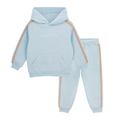 MITCH & SON Classic Collection. The Scott tracksuit features a classic overhead hoodie with a front pouch pocket and matching joggers. Designed with contrast side panels and finished with ribbed trims and signature logo detailing. Sky Blue