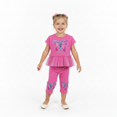 Daga soft stretchy top with gem butterfly appliques, delicate tulle ruffles and matching capri leggings. Made in Poland. Fuchsia Pink