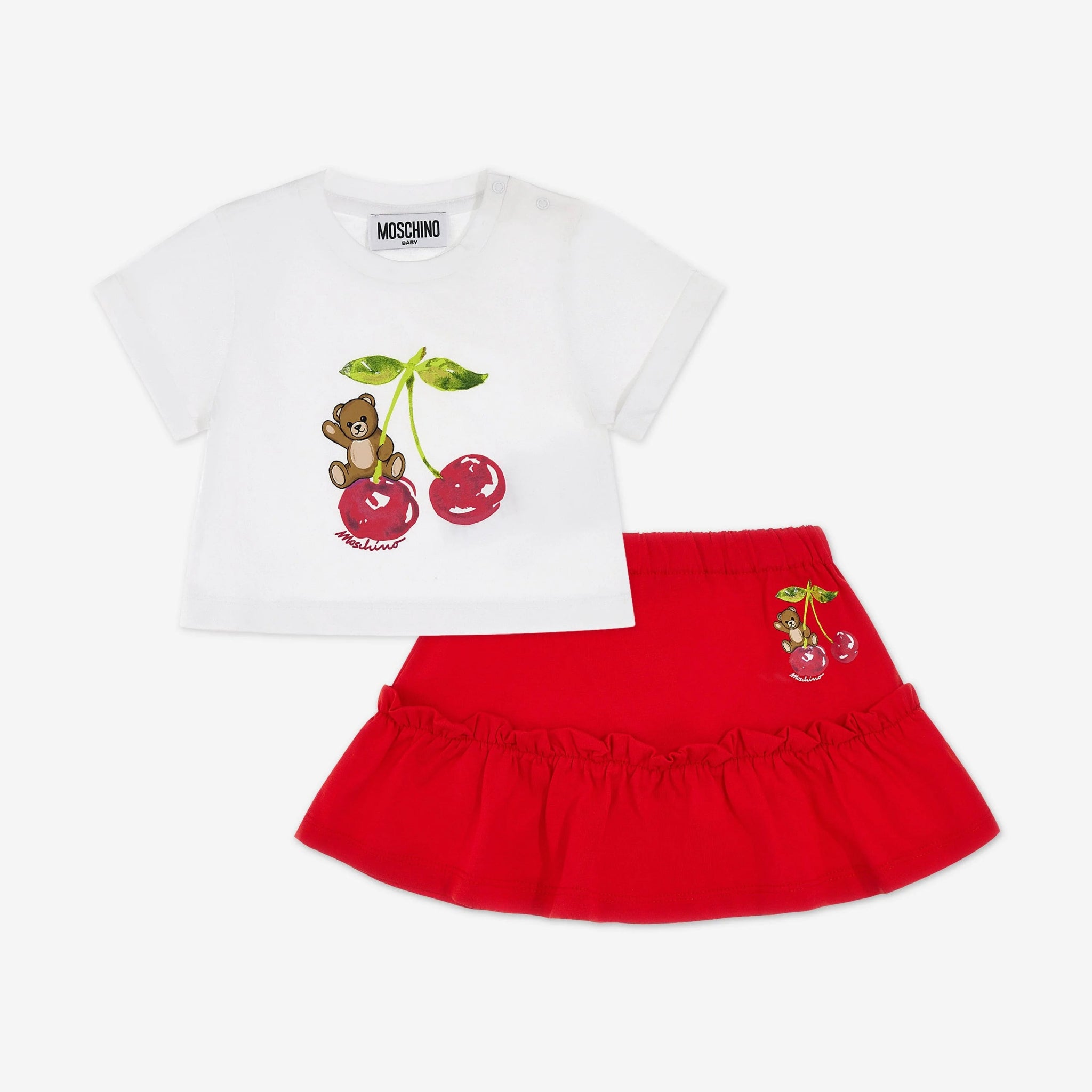 Baby Girls Moschino white t-shirt with teddy bear and cherry design and red skirt /
