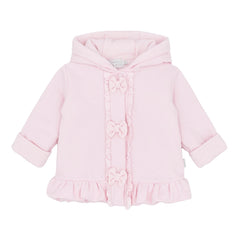 The Charlotte jacket from Pastels & Co - Hearts and Bows collection is a charming outerwear piece designed for baby girls. Crafted in soft pale pink, this jacket combines classic styling featuring decorative bows and frills that add a touch of feminine elegance. The Charlotte jacket brings timeless sophistication to any little one's wardrobe.