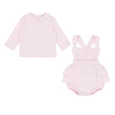 Pastels & Co - Hearts & Bows Story. The Maeve 2 Piece romper set in soft pale pink offers timeless elegance for baby girls.