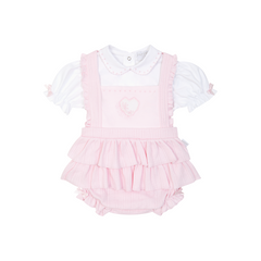 Adorable pale pink dungaree set for baby girls featuring love heart detail with charming frills from Pastels & Co. Perfect for playtime or special occasions!