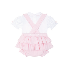 Adorable pale pink dungaree set for baby girls featuring love heart detail with charming frills from Pastels & Co. Perfect for playtime or special occasions!