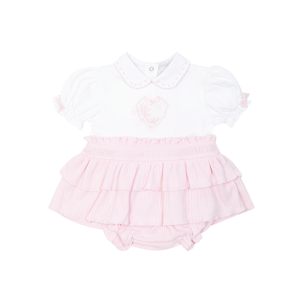 Sweet pale pink dress and pants set with adorable heart details from PASTELS & Co. Perfect for baby girls and adds a touch of charm.