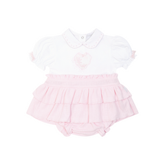 Sweet pale pink dress and pants set with adorable heart details from PASTELS & Co. Perfect for baby girls and adds a touch of charm.