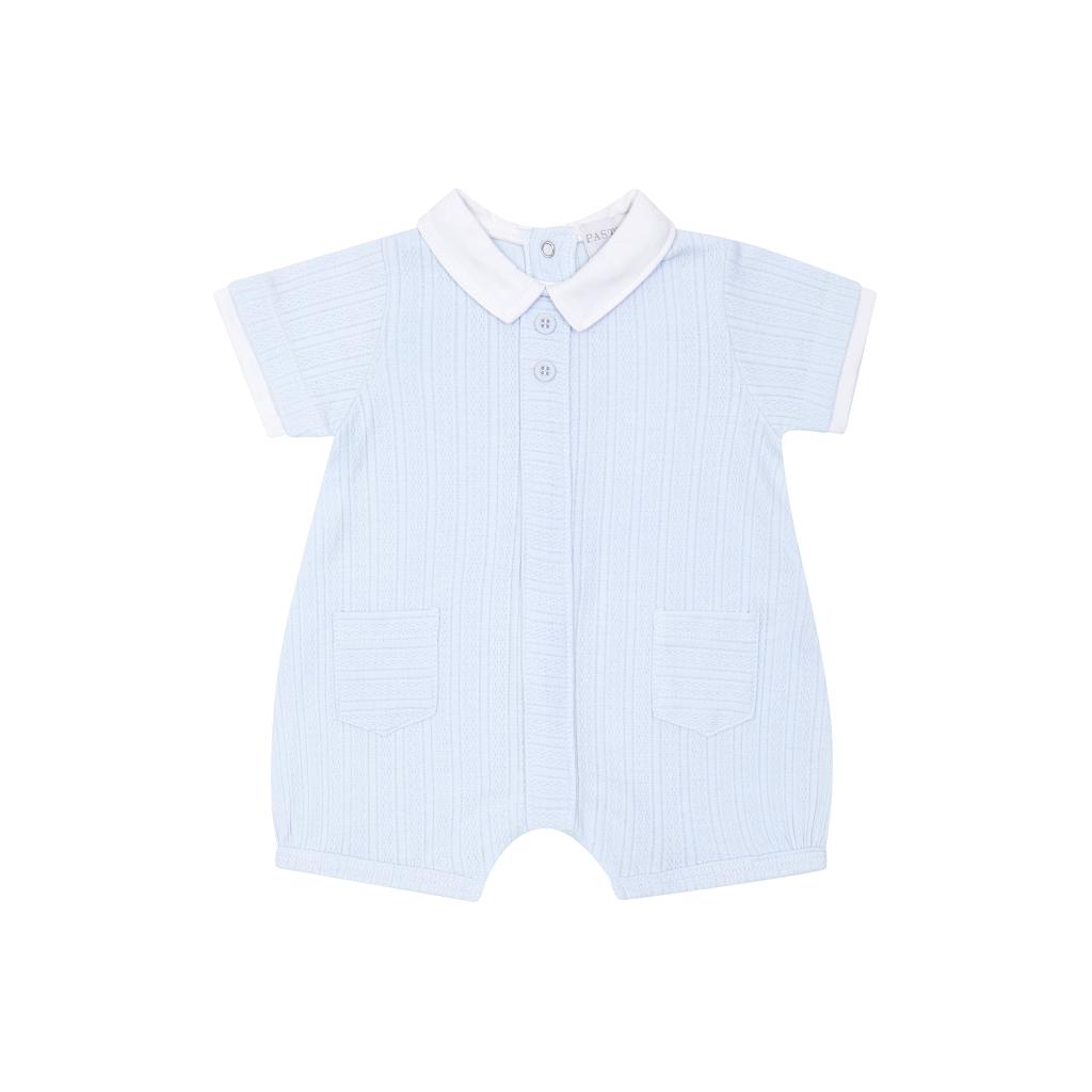 Hudson romper in soft pale blue with short sleeves from Pastels & Co.