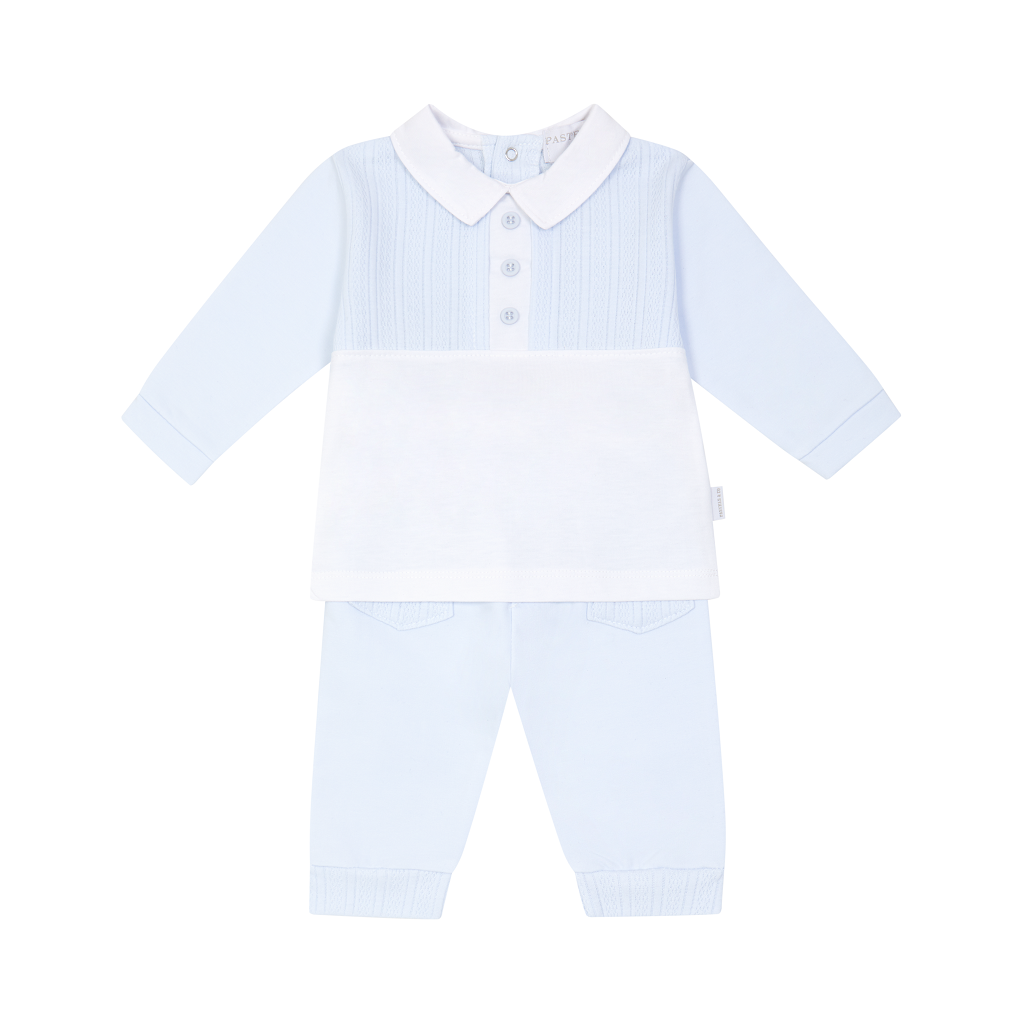 An elegant pale blue leisure set for baby boys by Pastels & Co, combining comfort with timeless style.