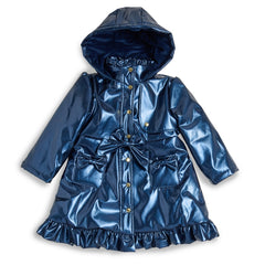 Caramelo girls navy hooded rain mac features charming fixed bow on the front, a frill hem.