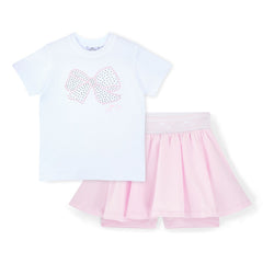 ADEE Boutique Chic - The Rose skort set is pretty and practical, featuring a pleated skort with a branded waistband and paired with a white top with a pearl bow design.