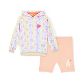 ADEE Sisi hoody cycling set features an initial print hoody with a sequined heart artwork, paired with peach cycling shorts