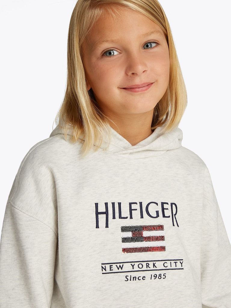 HILFIGER JNR Girls Sequin Flag Hoodie Snow HILFIGER JNR Girls Sequin Flag Hoodie Snow