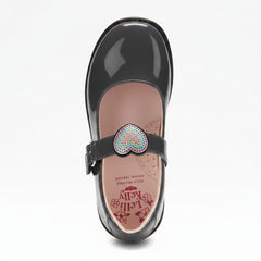 LELLI KELLY Valentina Heart Grey Patent leather shoes with interchangeable straps. Diamante heart, black bow and Lelli Kelly writing.