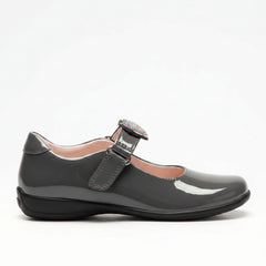 LELLI KELLY Valentina Heart Grey Patent leather shoes with interchangeable straps. Diamante heart, black bow and Lelli Kelly writing.