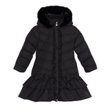 BACK TO SCHOOL&nbsp; Becky Jacket by ADEE with long padded double frill jacket with faux fur trim hood featuring padded &nbsp;bows appliqued on front and back with reflective badge on sleeve. Black