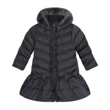 BACK TO SCHOOL Becky Jacket by ADEE with long padded double frill jacket with faux fur trim hood featuring padded &nbsp;bows appliqued on front and back with reflective badge on sleeve. Dark Grey