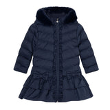 BACK TO SCHOOL Becky navy jacket by ADEE with long padded double frill jacket with faux fur trim hood featuring padded bows appliqued on front and back with reflective badge on sleeve.&nbsp;