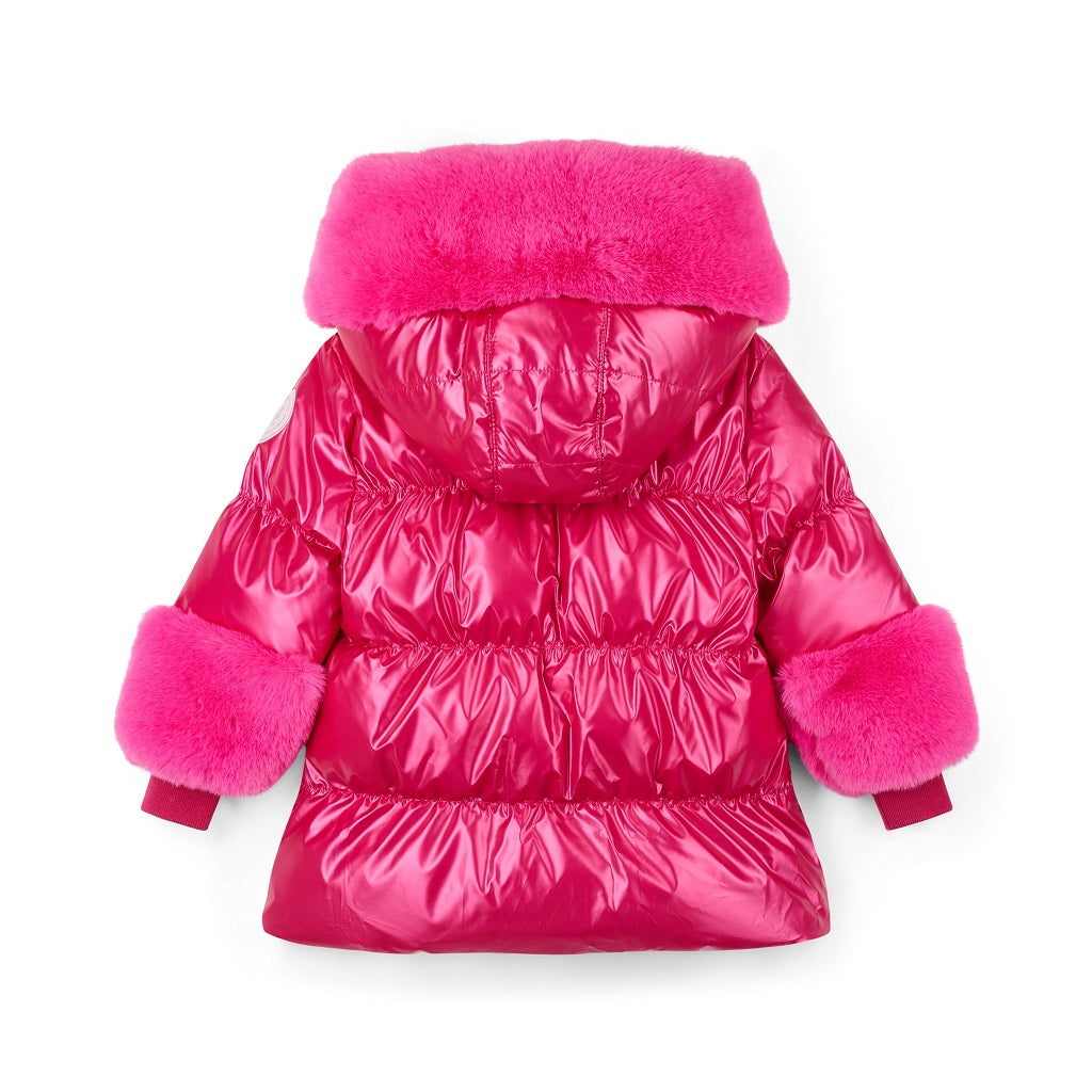 ADEE Winter Bloom Collection. The Avery Padded Jacket features fur detailing at the hood and cuff. Designed with an oversized hood, zip fastening with branded puller, and a diamante logo badge on the sleeve. Fushsia.