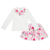 ADEE Winter Bloom Collection. The Ariella Set includes a long-sleeved top featuring beautiful roses artwork on the front, paired with a matching pleated rose-print skirt finished with a branded waistband