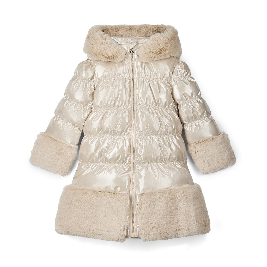ADEE Eau-de Adee Collection. Introducing the Aurora Jacket, a beautiful fit-and-flare style, finished with soft faux fur trims at the hood, cuffs, and hem. The cosy fleece lining and hood keep you warm, while signature details include a branded badge, logo zip pull, and sweet bows on each arm. Stone Beige