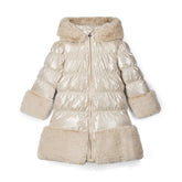 ADEE Eau-de Adee Collection. Introducing the Aurora Jacket, a beautiful fit-and-flare style, finished with soft faux fur trims at the hood, cuffs, and hem. The cosy fleece lining and hood keep you warm, while signature details include a branded badge, logo zip pull, and sweet bows on each arm. Stone Beige