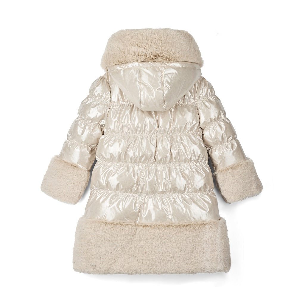 ADEE Eau-de Adee Collection. Introducing the Aurora Jacket, a beautiful fit-and-flare style, finished with soft faux fur trims at the hood, cuffs, and hem. The cosy fleece lining and hood keep you warm, while signature details include a branded badge, logo zip pull, and sweet bows on each arm. Stone Beige