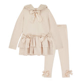 ADEE Eau de Collection. The Alina Legging Set is the perfect addition to your Winter wardrobe! Featuring a fur trimmed hooded top with applique bows and frilled hems. Paired with matching leggings with applique bows at the ankle. Stone Beige