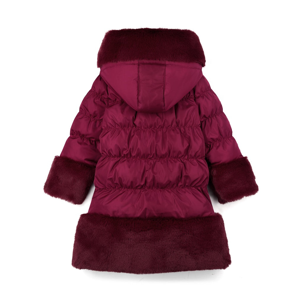 ADEE Chevron Charm theme. Introducing the Aurora Jacket, a beautiful fit-and-flare style, finished with soft faux fur trims at the hood, cuffs, and hem. The cosy fleece lining and hood keep you warm, while signature details include a branded badge, logo zip pull, and sweet bows on each arm. Deep Cherry