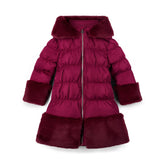 ADEE Chevron Charm theme. Introducing the Aurora Jacket, a beautiful fit-and-flare style, finished with soft faux fur trims at the hood, cuffs, and hem. The cosy fleece lining and hood keep you warm, while signature details include a branded badge, logo zip pull, and sweet bows on each arm. Deep Cherry