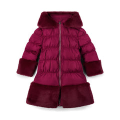 ADEE Chevron Charm theme. Introducing the Aurora Jacket, a beautiful fit-and-flare style, finished with soft faux fur trims at the hood, cuffs, and hem. The cosy fleece lining and hood keep you warm, while signature details include a branded badge, logo zip pull, and sweet bows on each arm. Deep Cherry