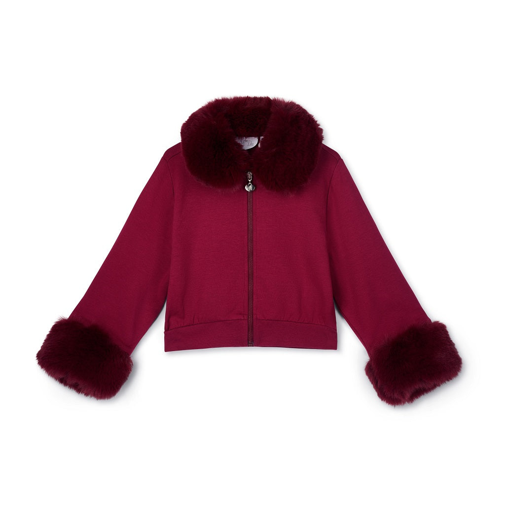 ADEE Chevron Charm theme. The Audrey Bomber features gorgeous fur trim detailing and a classic diamanté A*Dee logo across the back. Deep Cherry