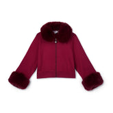 ADEE Chevron Charm theme. The Audrey Bomber features gorgeous fur trim detailing and a classic diamanté A*Dee logo across the back. Deep Cherry