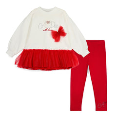 ADEE The Bonnie legging set features a long-sleeve top with a glitter print tulle hem, as well as a cute Adee artwork on the front. Paired with matching comfortable leggings. Snow White/Red