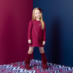 ADEE Chevron Charm Collection. The Alyssa dress features a faux fur applique handbag artwork, finished with a classic A*Dee diamanté logo. Deep Cherry
