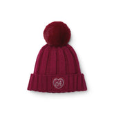 ADEE Chevron Charm Collection. Complete the look with this knitted hat with faux fur pom pom and diamante branded artwork. Deep Cherry