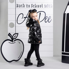 ADEE BTS The Luna padded jacket features cute heart shaped pockets on the front and diamante badge on one sleeve. Complete with full hood and branded zip fastening. Black