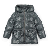 ADEE BTS The Luna padded jacket features cute heart shaped pockets on the front and diamante badge on one sleeve. Complete with full hood and branded zip fastening. Dark Grey