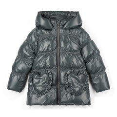 ADEE BTS The Luna padded jacket features cute heart shaped pockets on the front and diamante badge on one sleeve. Complete with full hood and branded zip fastening. Dark Grey