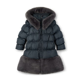 ADEE BTS The Rhea long length padded jacket features a luxurious fur trim around the hem and on the hood. Complete with a diamante badge on one sleeve and branded zip fastening. The perfect jacket to keep cosy going back to school. Dark Grey
