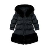 ADEE BTS The Rhea long length padded jacket features a luxurious fur trim around the hem and on the hood. Complete with a diamante badge on one sleeve and branded zip fastening. The perfect jacket to keep cosy going back to school.