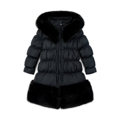 ADEE BTS The Rhea long length padded jacket features a luxurious fur trim around the hem and on the hood. Complete with a diamante badge on one sleeve and branded zip fastening. The perfect jacket to keep cosy going back to school.