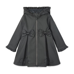 ADEE BTS The Nova is the must-have back to school raincoat! It features front and back pleats with pretty bow detailing, branding around the hem and frills at the cuffs and hood. Complete with a silver reflective logo badge on one arm and a silver branded puller. Dark Grey