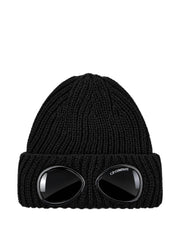 C.P. Company Kids ribbed knit beanie hat, signature goggle detail. 100% Wool. Black