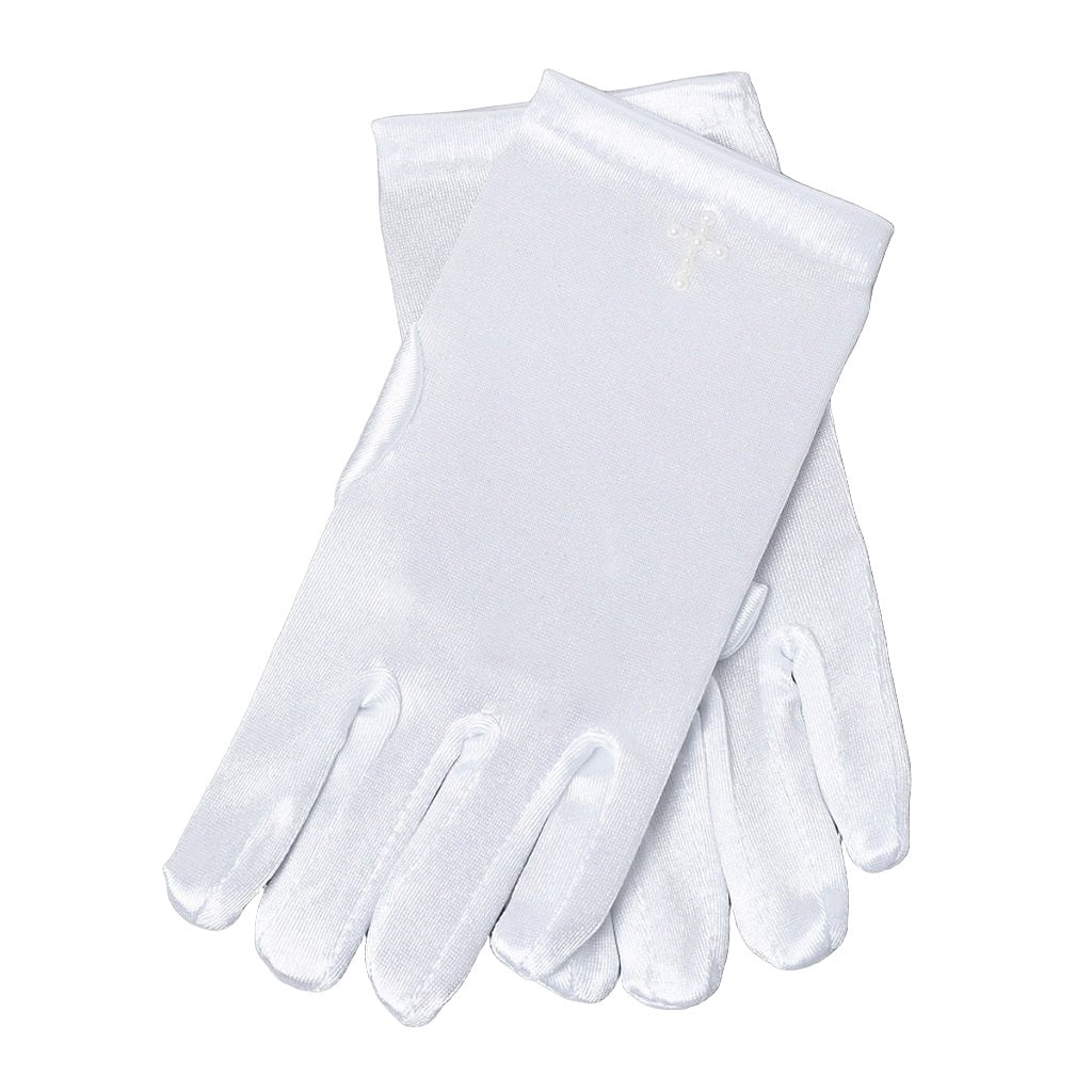 White Satin Gloves with Pearl Cross