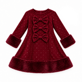 Girls Maroon diamante dress featuring three decorative diamante bows with faux fur trims adds elegance for a charming, party-ready look. Perfect for special occasions with a touch of glamour.