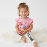 Baby Girls pink t-shirt with colorful hearts and white leggings with Moschino logo/