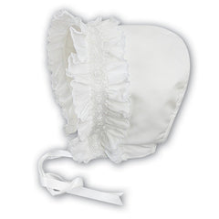 SARAH LOUISE Classic Baby Girls Bonnet, delicately hand-smocked with beautiful hand-embroidered flowers and a Satin Ribbon fastening.